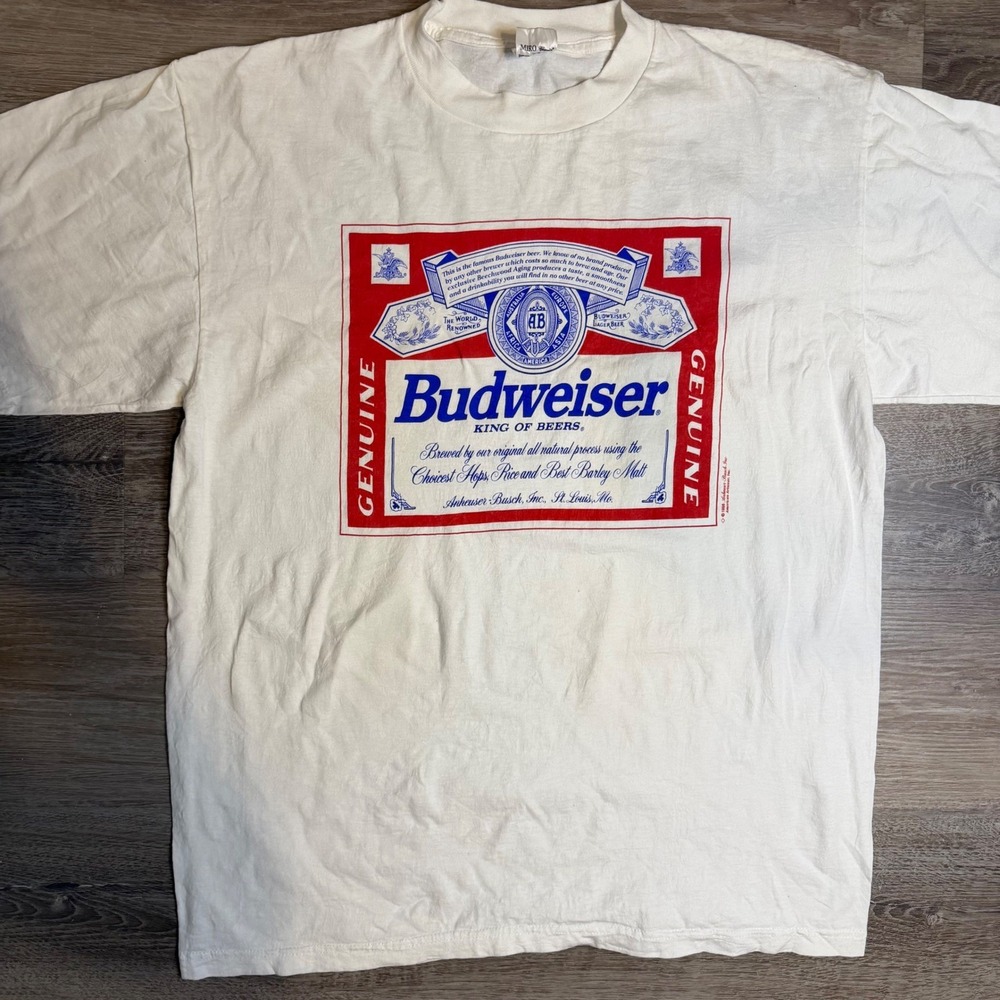 Budweiser White T-Shirt with Red and Blue Label Graphic